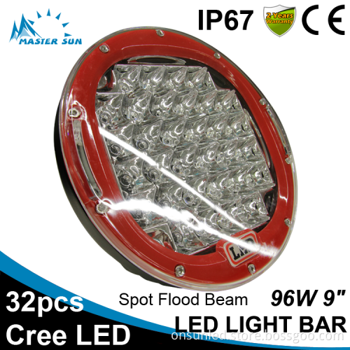 Waterproof Red 9inch 96w led tractor work light car led light bar off road led light bar